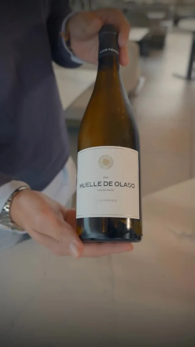Botella de vino blanco servida en sala